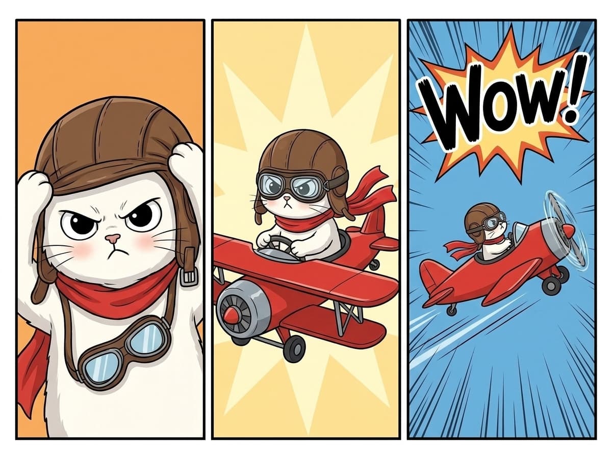Storybook spread, cat pulling on a pilot helmet and taking off in a toy plane
