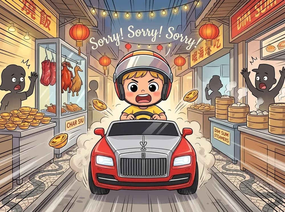 故事書中,小朋友駕住紅色車仔衝過澳門街市,叉燒同葡撻飛來飛去