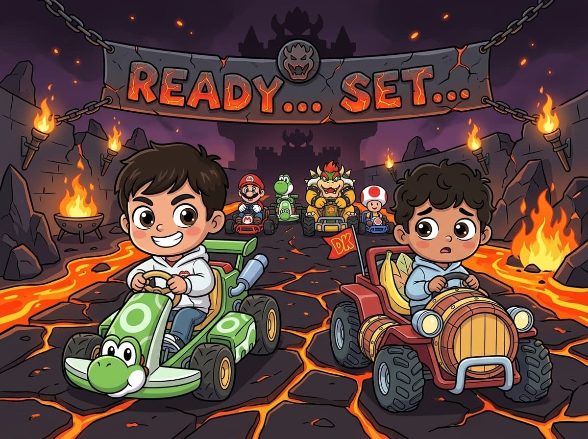 Storybook spread of two brothers drifting karts around a Thwomp obstacle